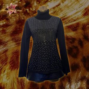 Questions Women's Black Turtleneck Knit Long Sleeve with Rhinestone Ombre
